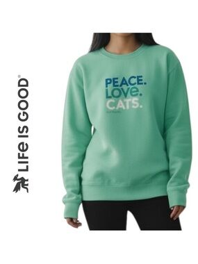 Life is Good Women's XXL Peace Love Cats Simply True Fleece Crew Mint Green NEW